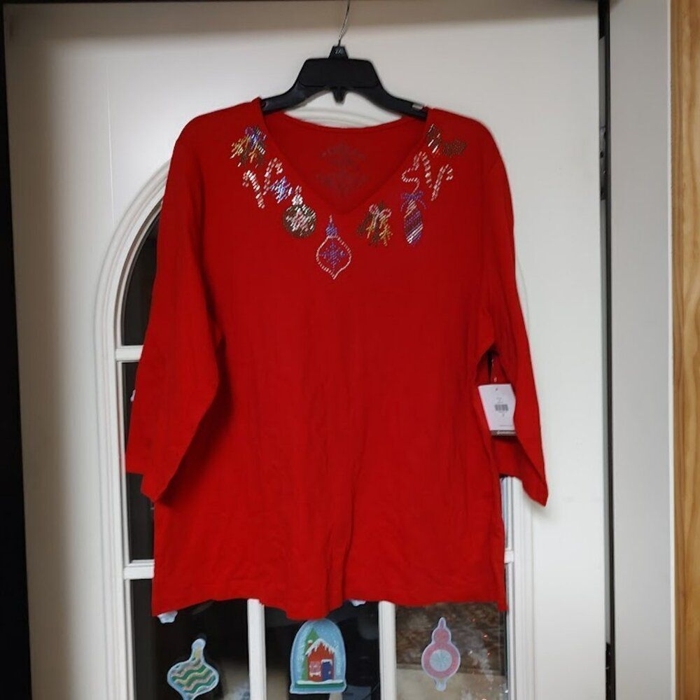 New Coral Bay Red Sparkly Ornaments 3/4 Sleeve Top Size Women's 1X